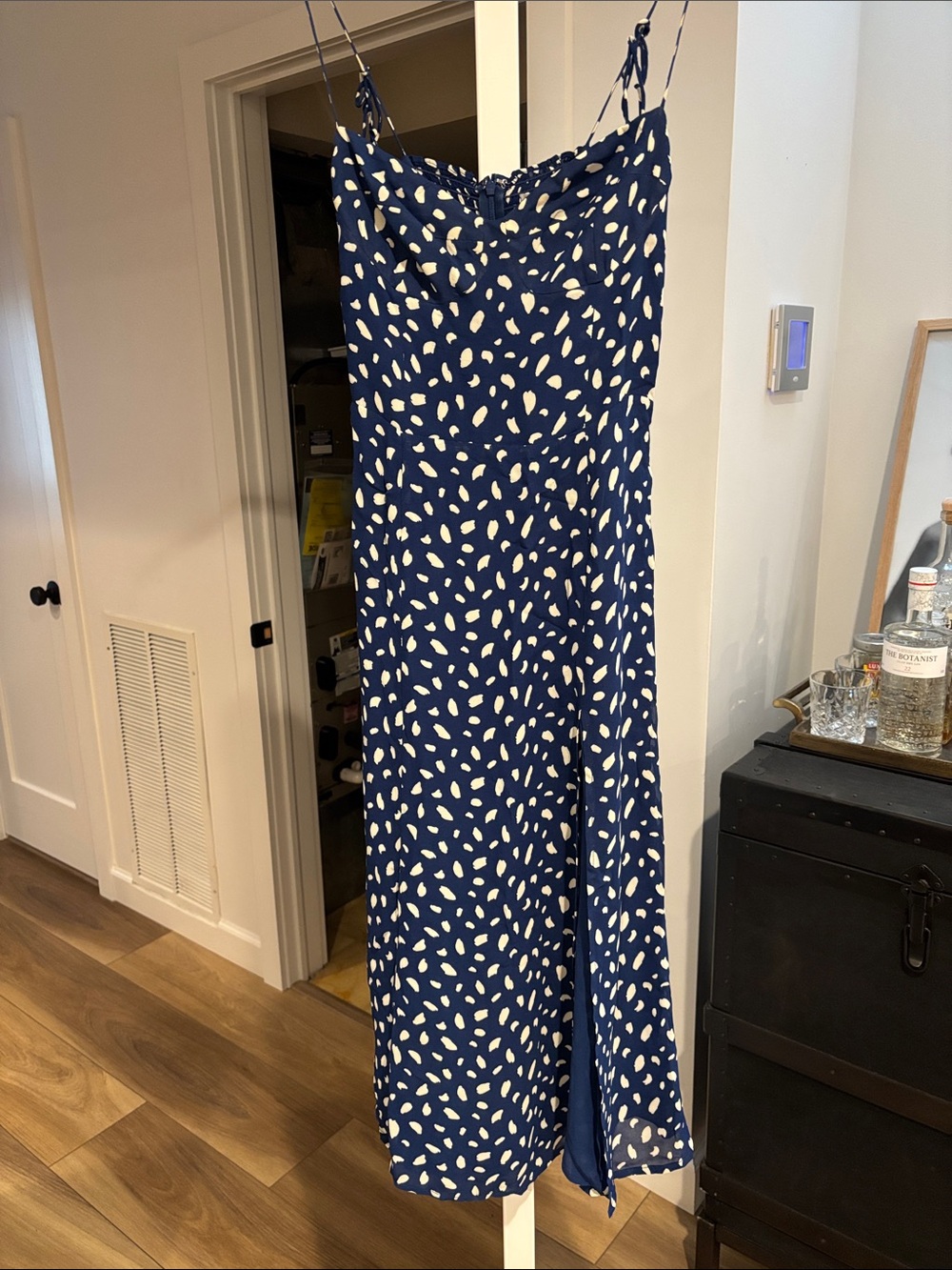 Reformation Navy Blue & White Spotted Silk Jumpsuit